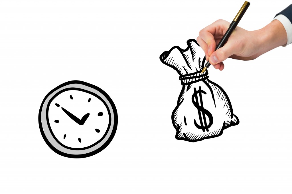 digital composite of hand drawing money bag and clock